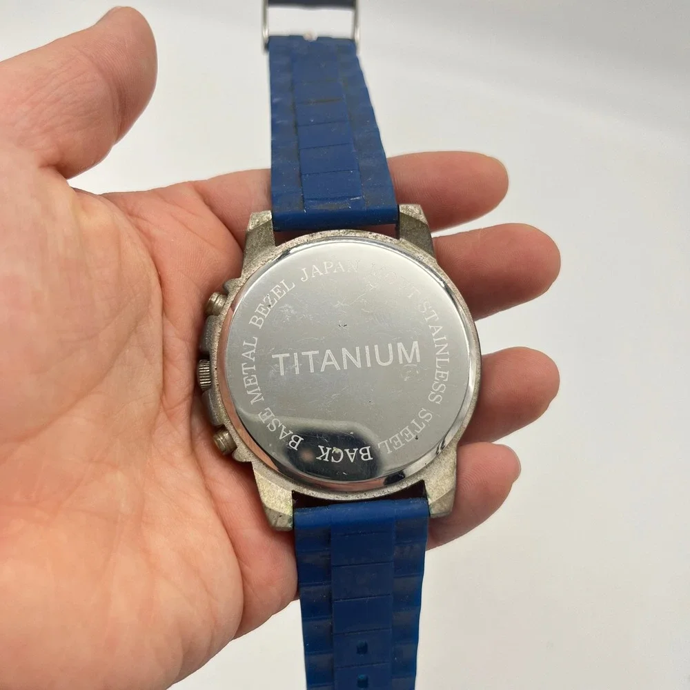 Titanium Quartz Watch Blue Silicone‎ Strap Silver Chronograph Dial Japan Movt